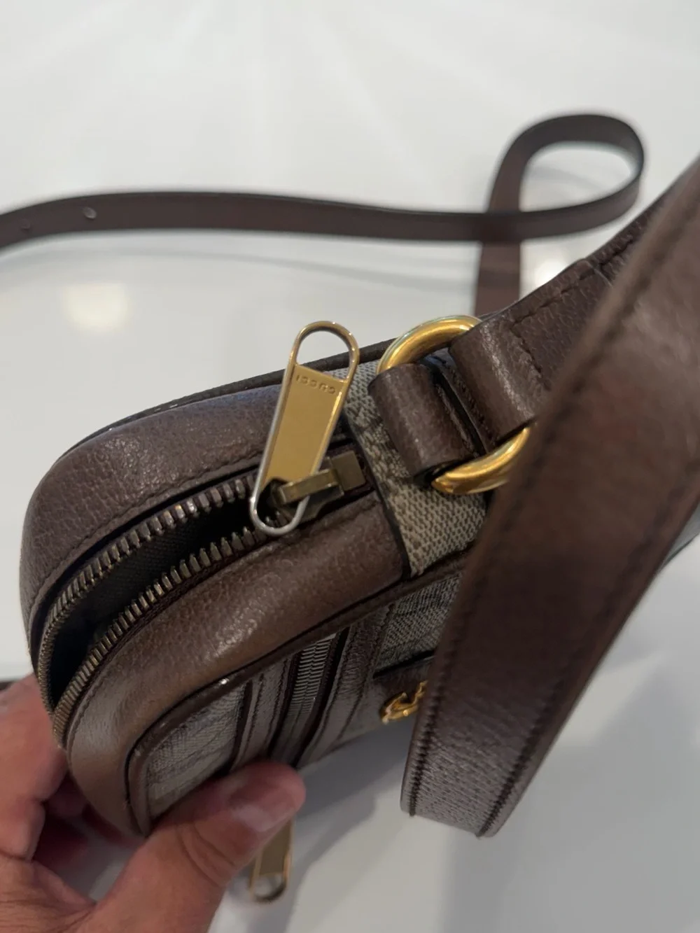 Gucci Beige/Brown GG Supreme Crossbody with Green-Red Web
